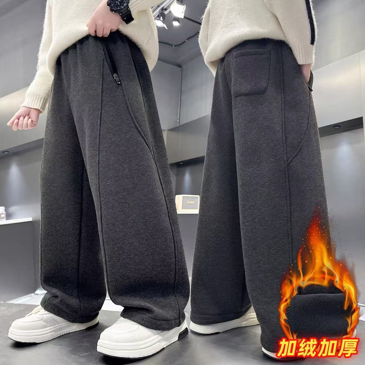 201333童装男童休闲卫裤2025冬宝宝韩版潮酷洋气弯刀休闲加绒卫裤