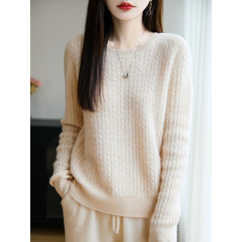 纯色圆领长袖绞花文艺宽松100羊毛上衣D273