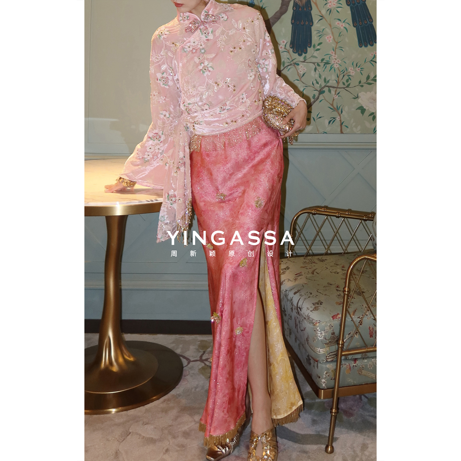 YINGASSA【粉绣权杖】原创秋款新国风手工钉珠设计师款重工半裙
