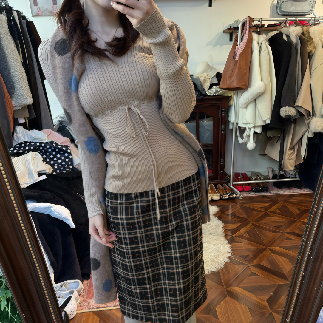 抽绳设计感v领针织衫女冬季修身长袖上衣