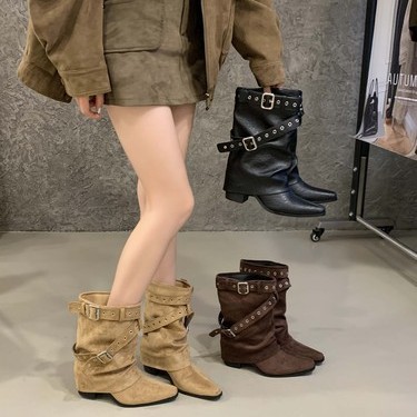 美式辣妹皮带扣裤管靴短筒靴女靴2025秋冬新款小众设计短靴西部靴