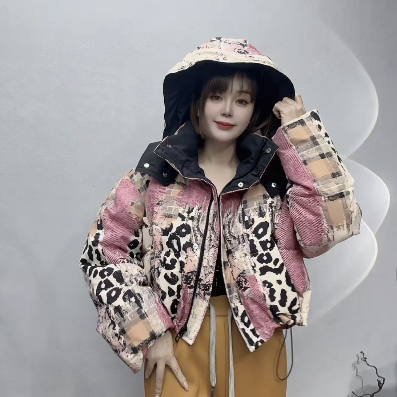 彩色豹纹格纹宽松复古撞色涂鸦晕染连帽保暖短款立领羽绒服