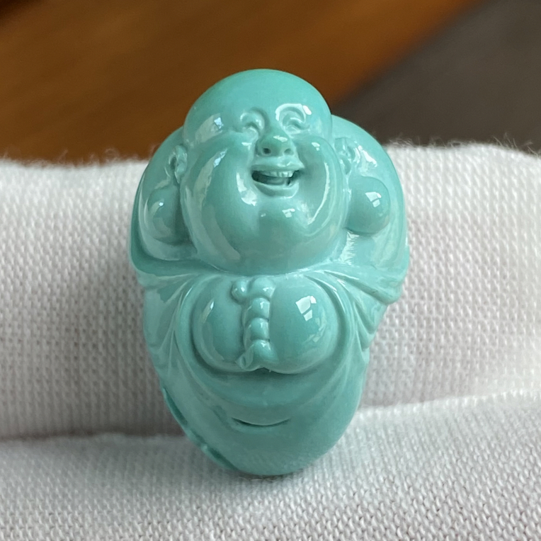 精工雕刻立体弥勒佛吊坠原矿绿松石尺寸22.4x15.2x13.3mm