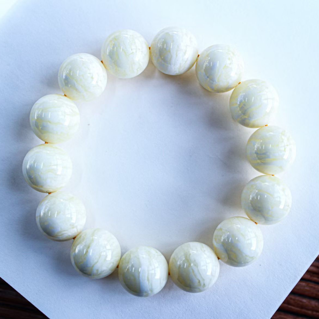 同料16mm俄料瓷白花蜡虎皮纹圆珠手串 蜡质浓郁饱满32.63克