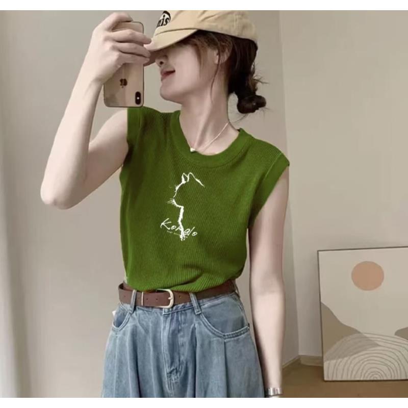 绿色短袖针织衫无袖背心女夏季夏设计感冰丝正肩针织上衣2024新款