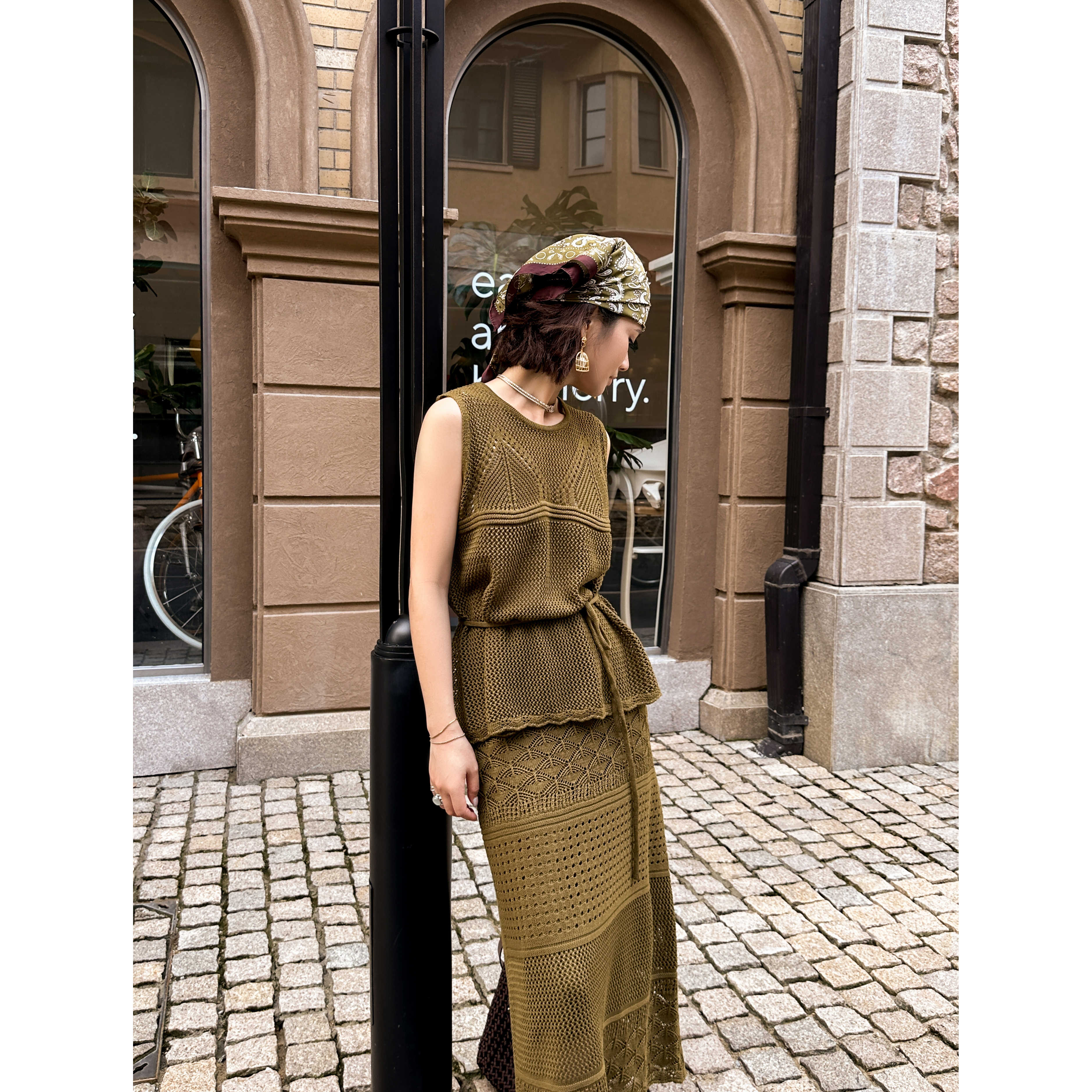 KIKI严选：2507-2-PV家欧货南油秋季细麻毛织背心半身裙两件套装