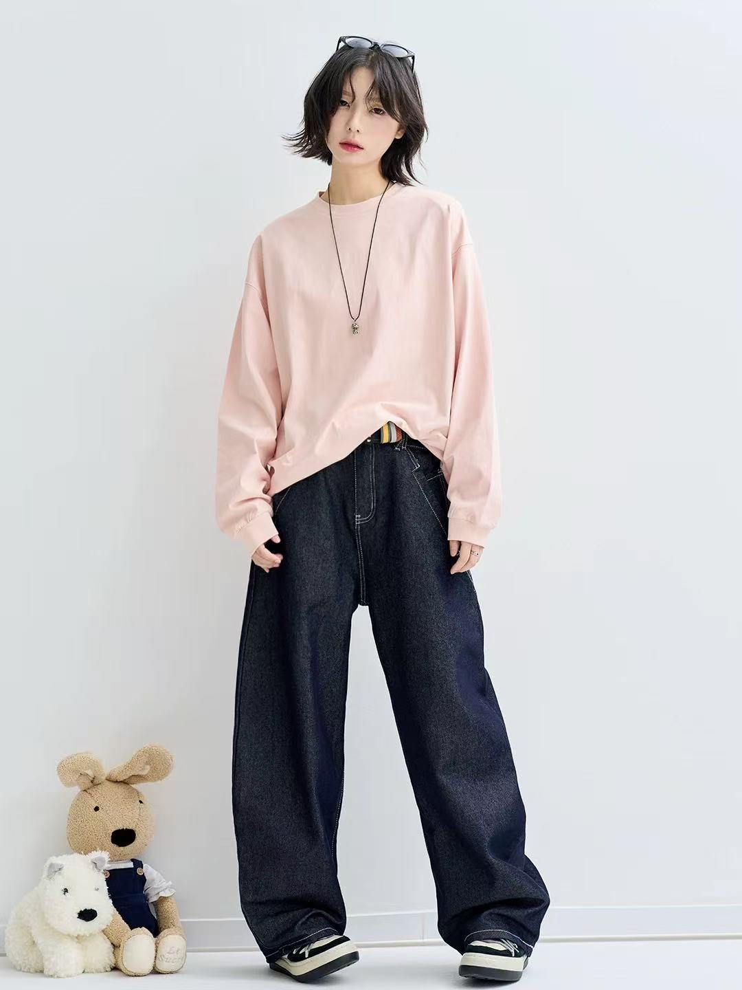 秋季辑明线美式直筒牛仔裤黑色复古休闲长裤潮牌宽松裤子-5025