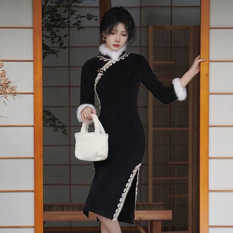 1592 黑色 白毛领 【银杏叶花边】 旗袍