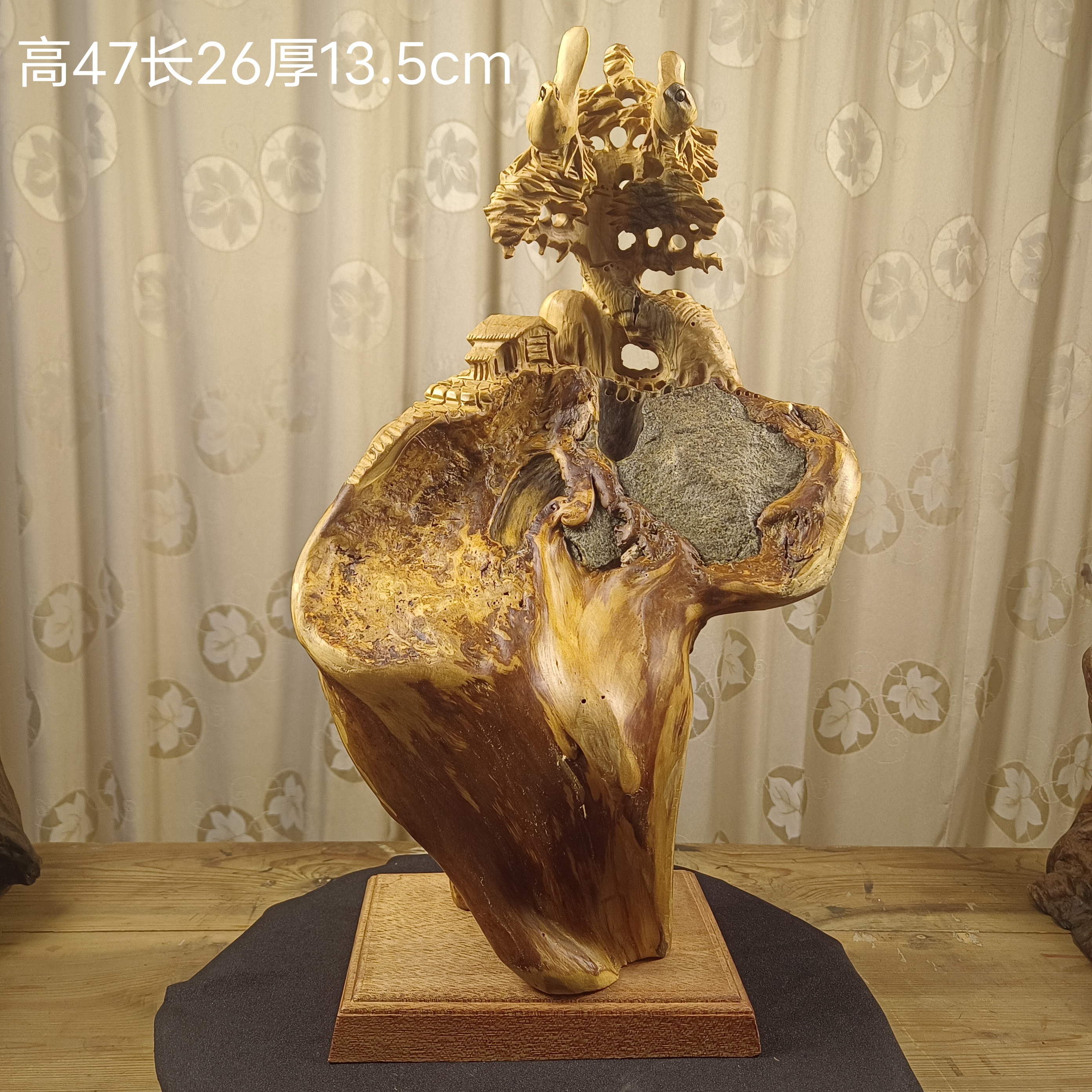 荷木抱石精雕山水人家落地实木开业摆件中式