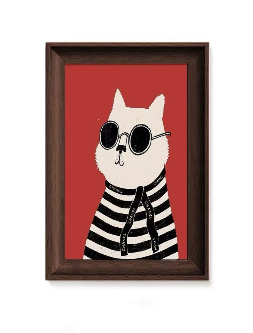 现代简约卡通动物装饰画红色抽象个性猫咪客厅沙发背景墙挂画A10