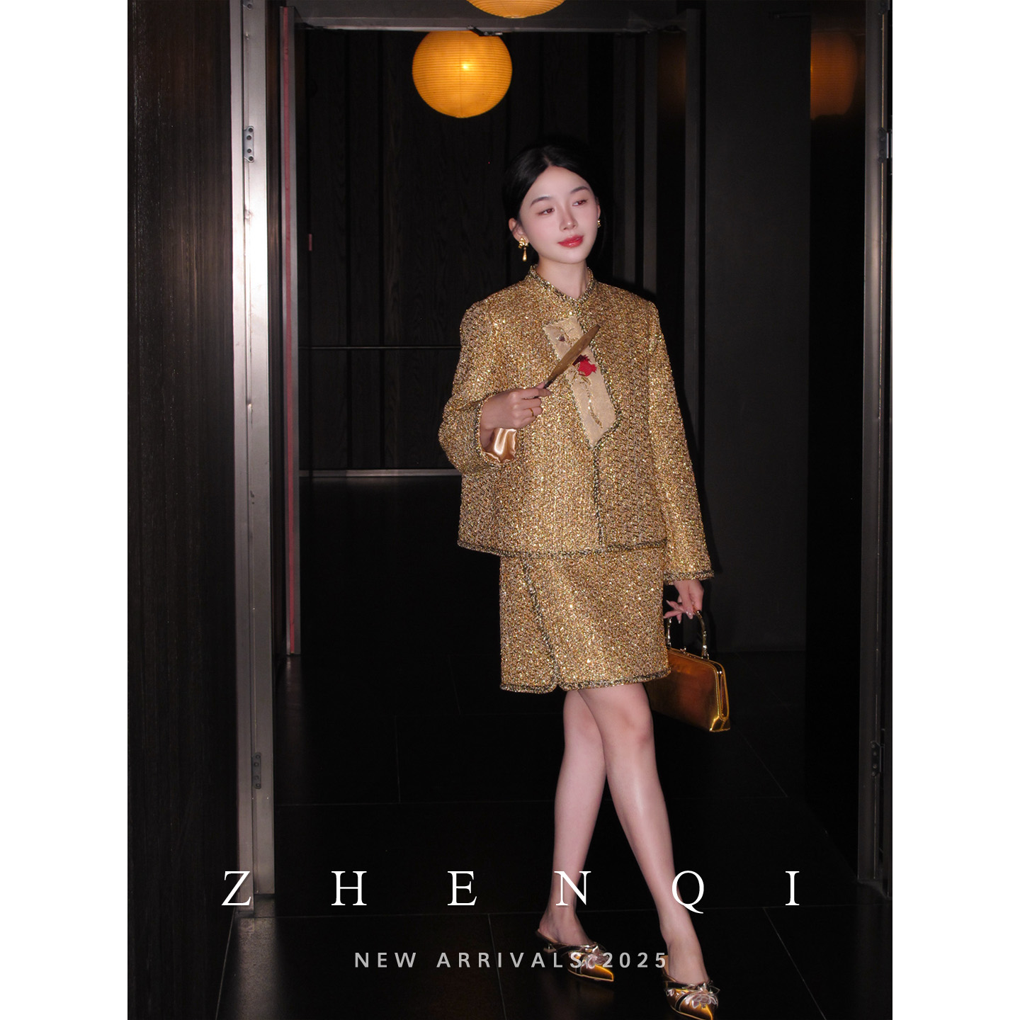 七小七臻七【金盏赋】新中式石榴纹珠片绣织带小香风外套连衣裙套装