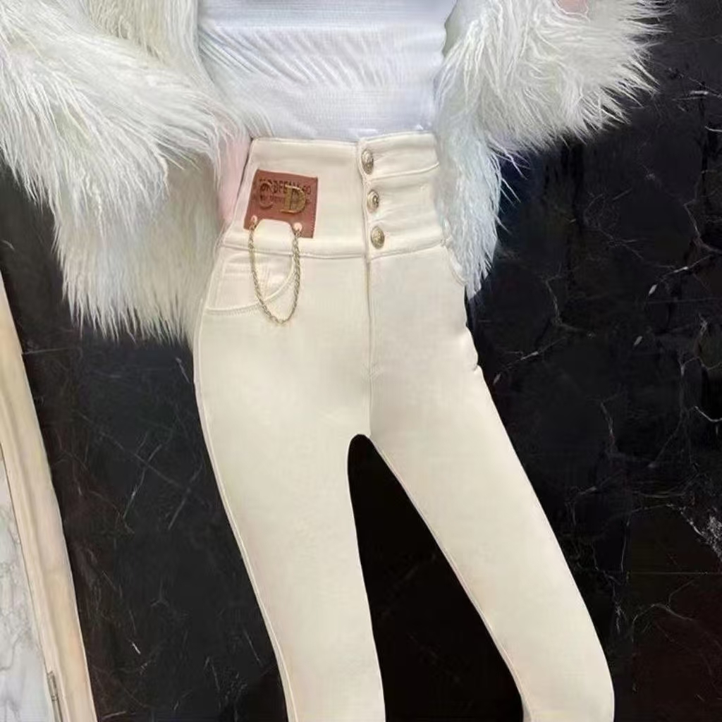 D6319冬季新款加绒百搭高腰纽扣纯色铅笔裤长裤