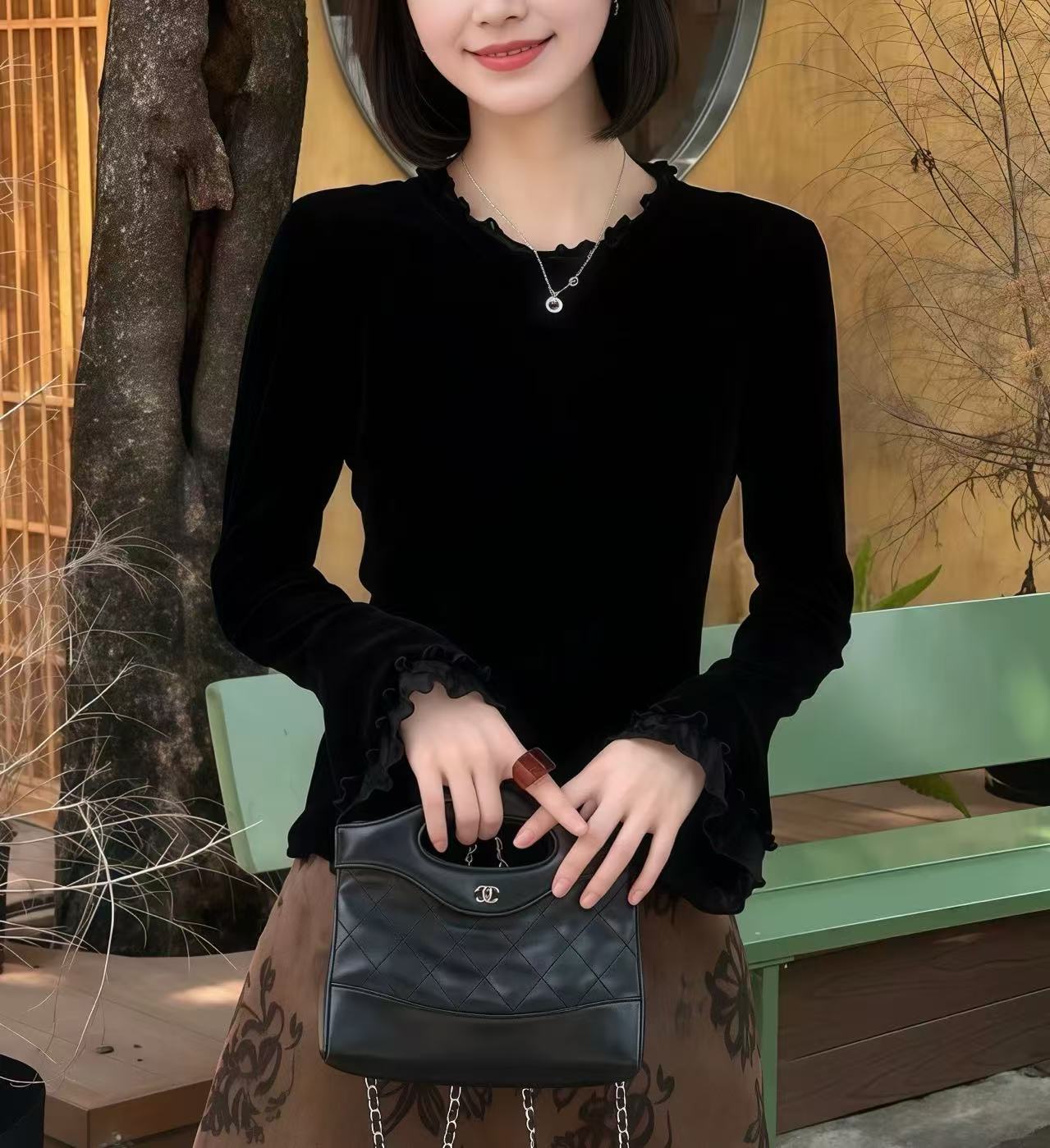 法式风蕾丝袖口丝绒上衣女2025秋季大码胖MM时髦气质显瘦T恤3535