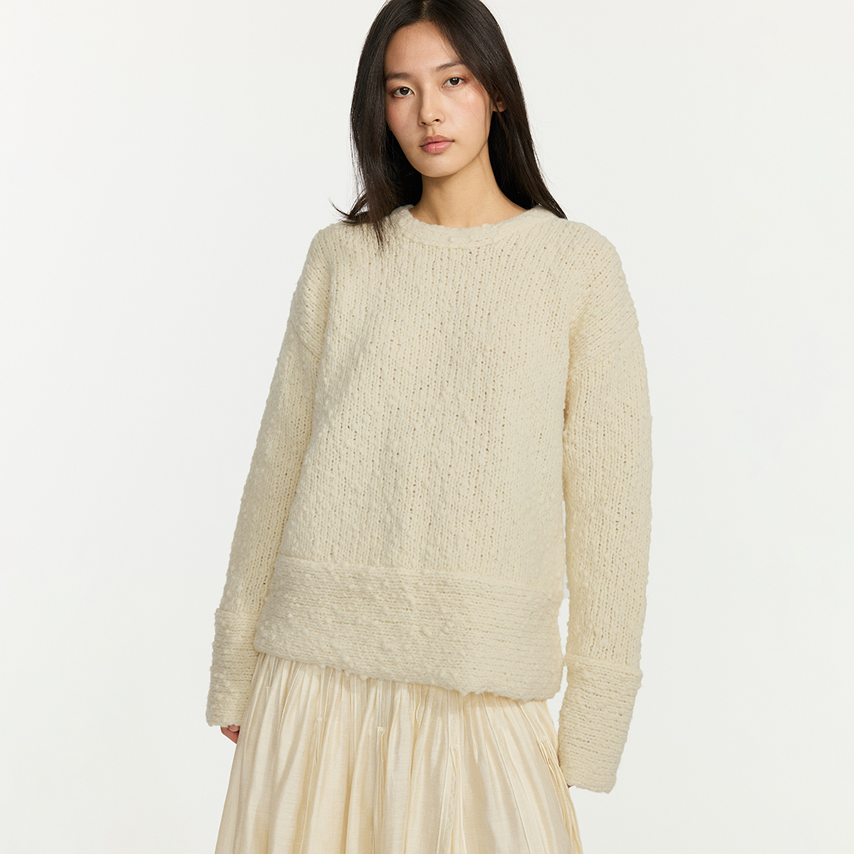 sagestudio 奶油米珍珠粒编织感绵羊毛套头毛衣