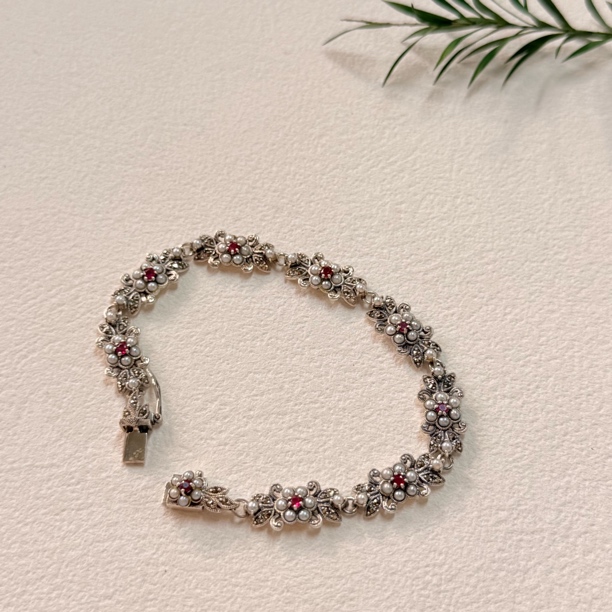 【六六中古】孤品银925红宝石淡水珍珠手链ty3291手围17.5