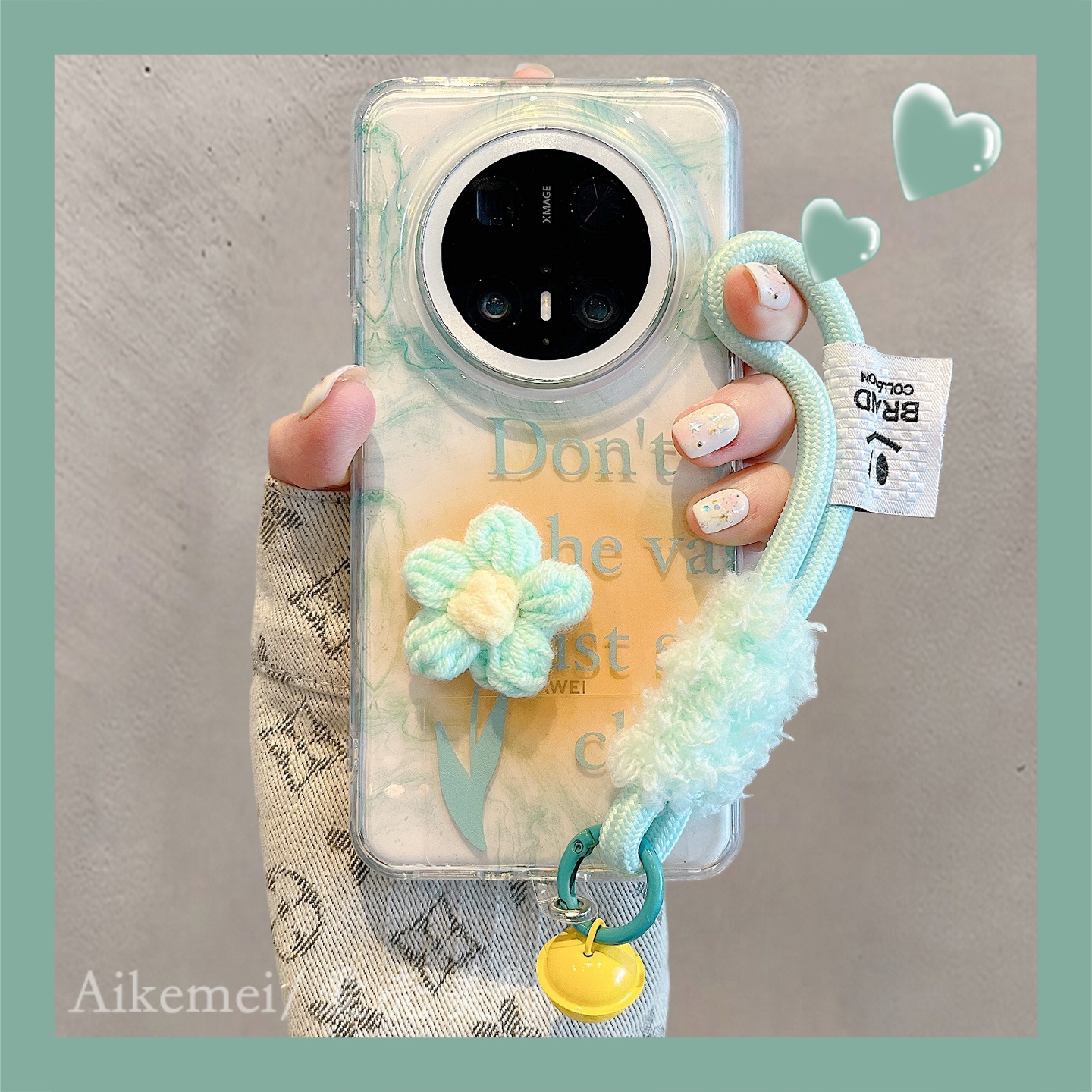 适用华为mate70pro+手机壳绿色晕染mate60pro+英文立体花朵手绳女