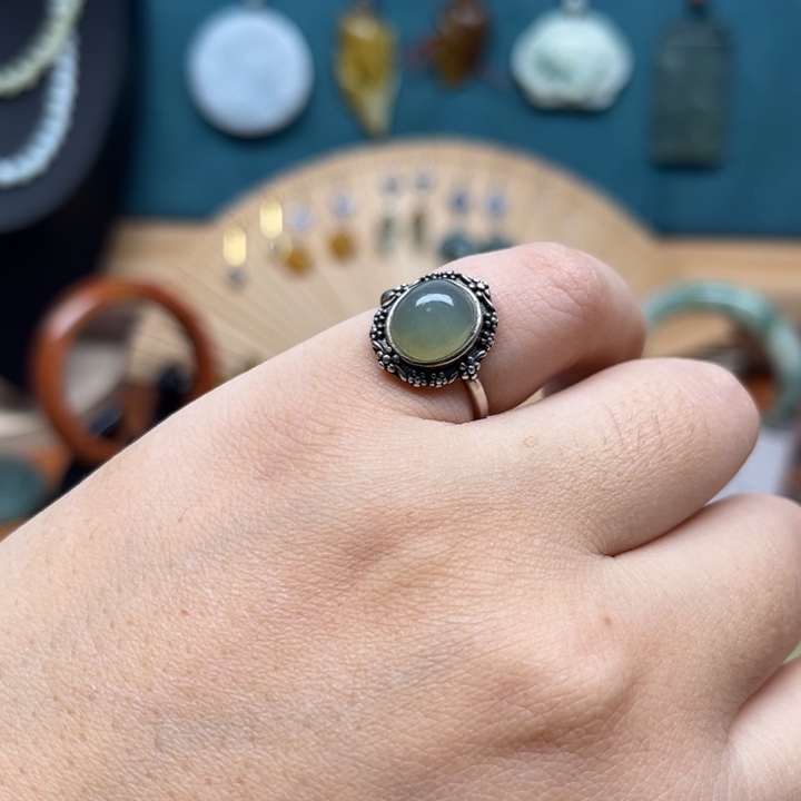 蛇纹石玉戒指银S925镶嵌