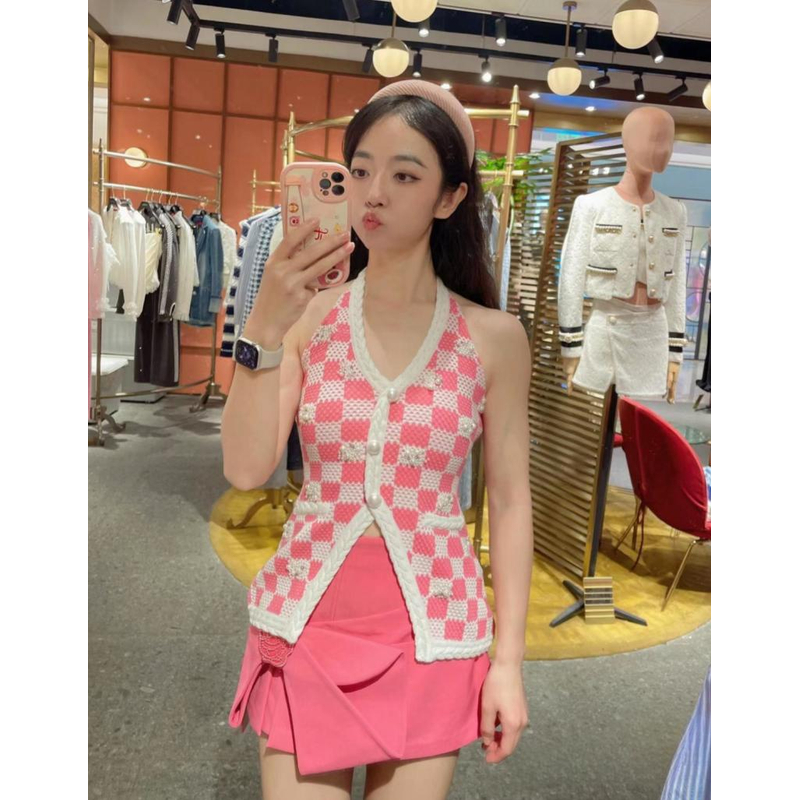 （5折）YOYOUNA春夏辣妹粉色格纹针织挂脖上衣撞色背心