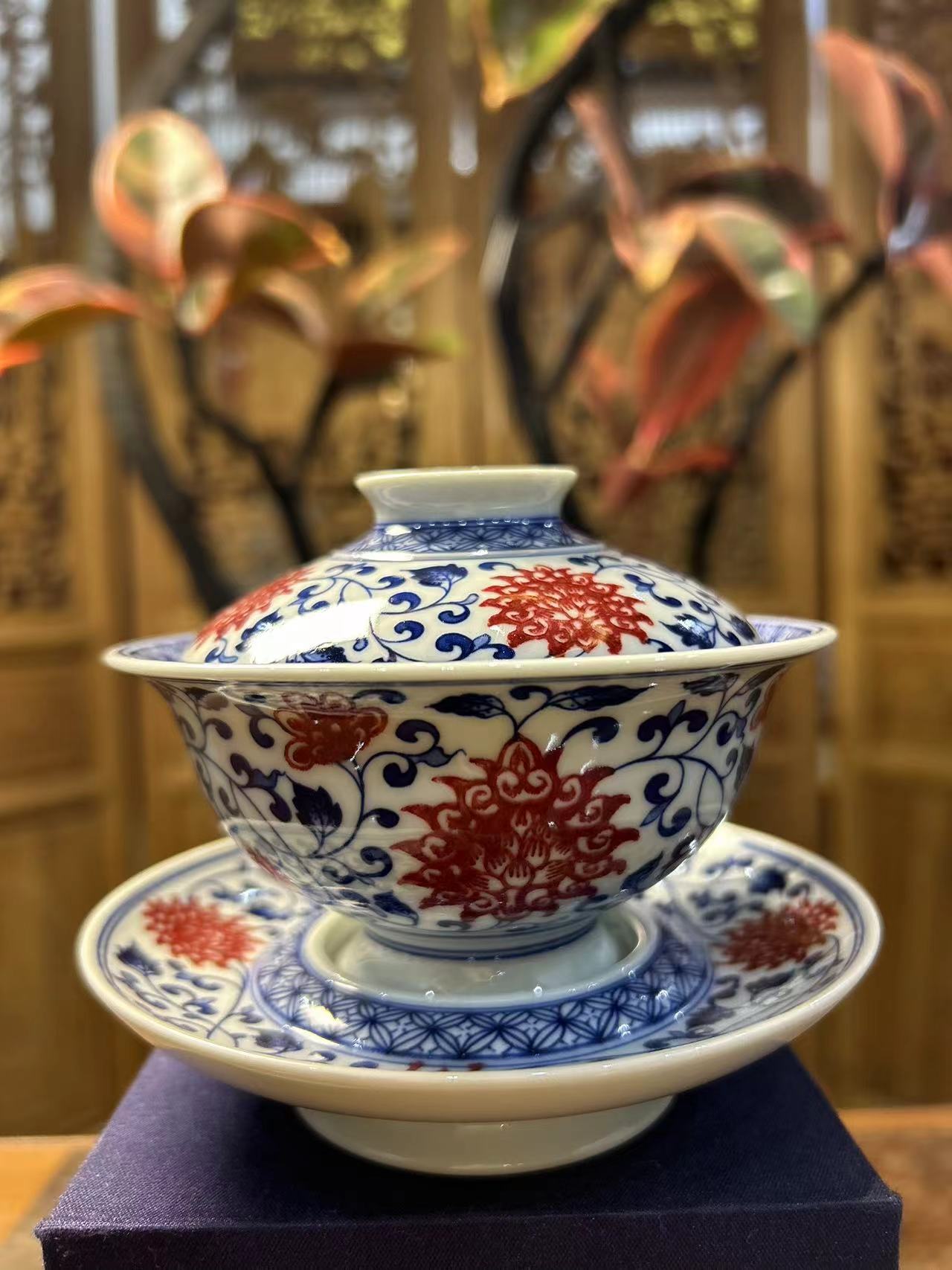 景德镇青花釉里红三才盖碗