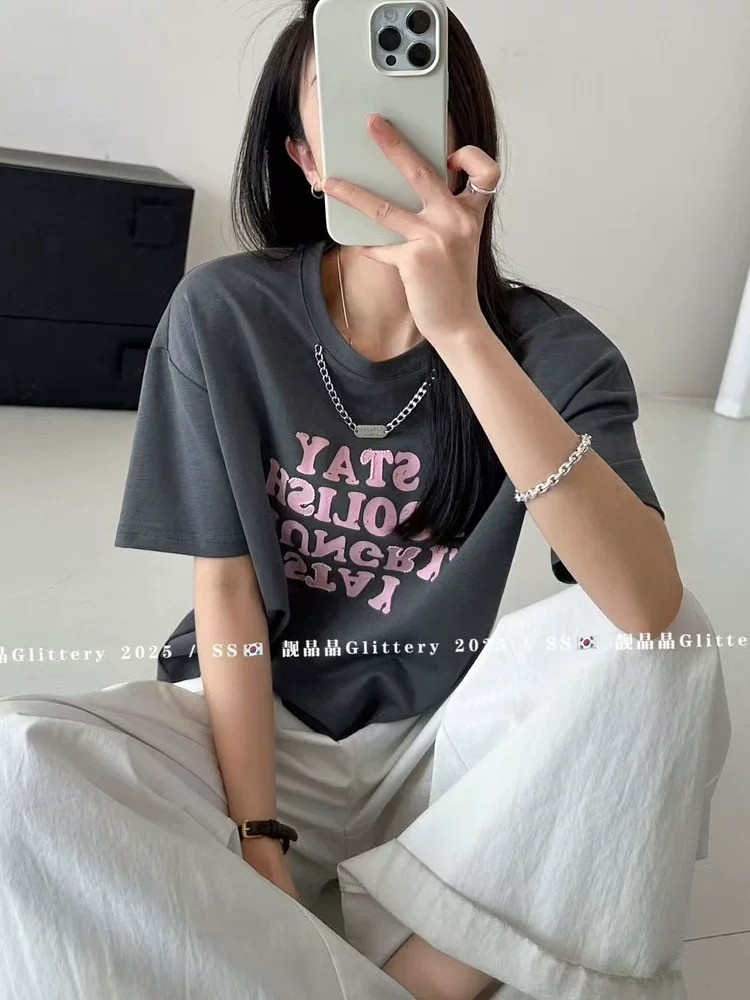 时尚设计链条短袖T恤后开叉不规则宽松字母上衣