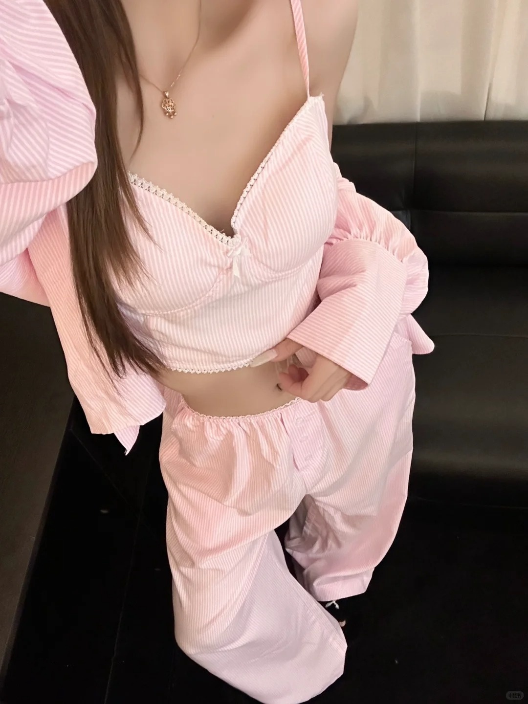 甜美多巴胺粉色条纹带胸垫吊带睡衣女夏季长裤三件套可外穿家居服