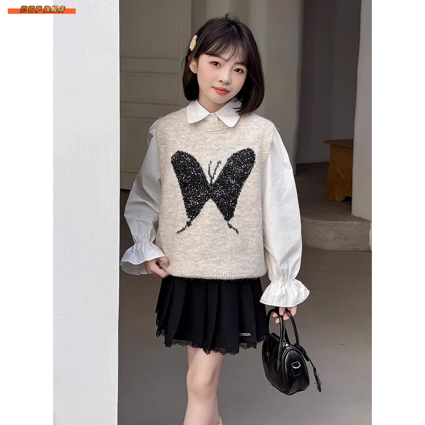 英国女童套装2025新款秋装儿童时髦马甲中大童女孩春秋三件套
