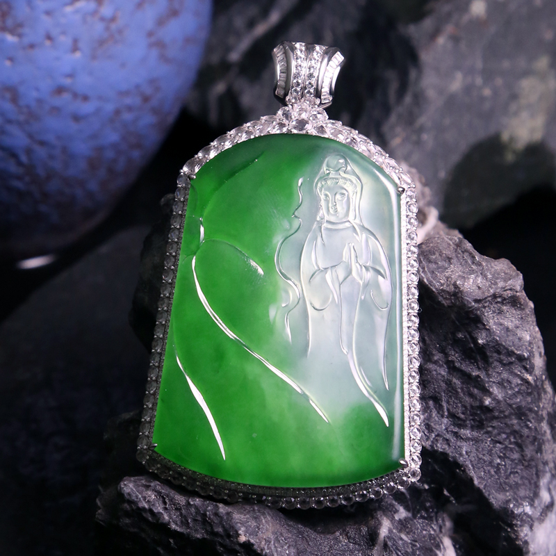 翠贤堂【官方】939冰种满绿翡翠吊坠无事牌观音