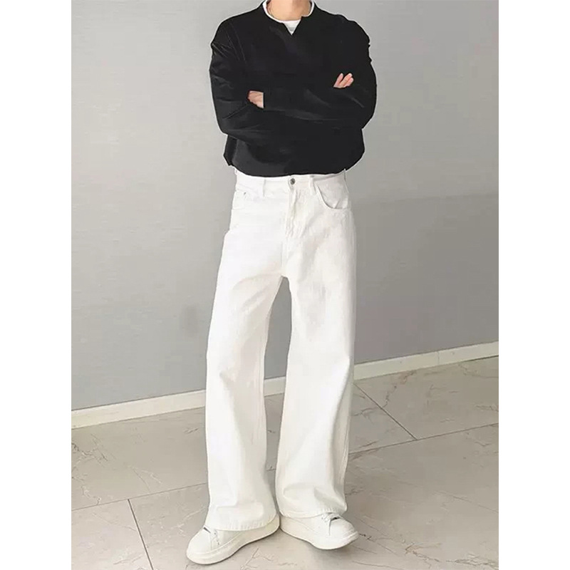 白色水洗弯刀软牛仔裤男夏薄款韩版宽松阔腿裤高腰显瘦直筒休闲裤