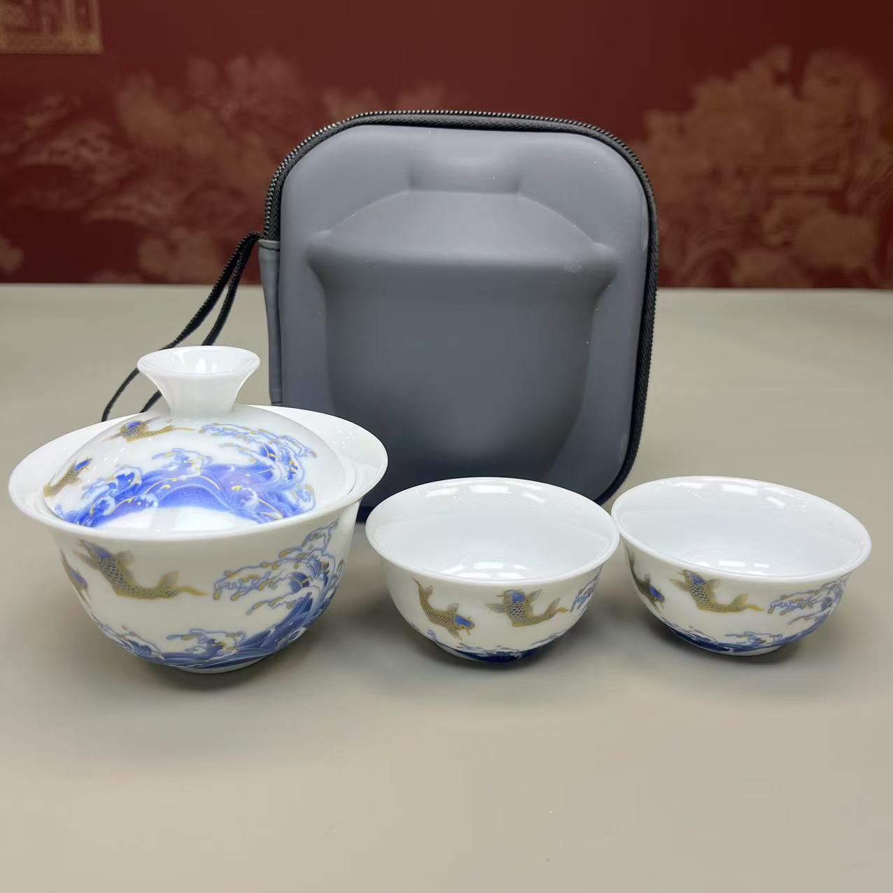 鱼跃龙门-盖碗旅行套（一盖碗二杯）@ZH1063