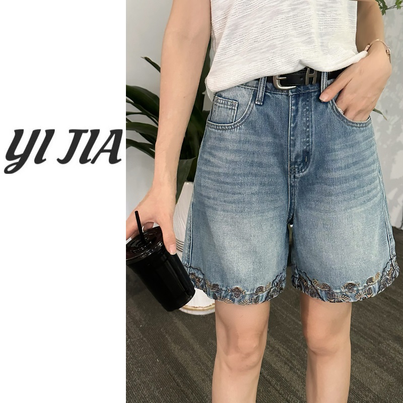 【壹家】YJ73#110 / 浣溪云绣 / 设计感牛仔短裤女 重工刺绣四分裤