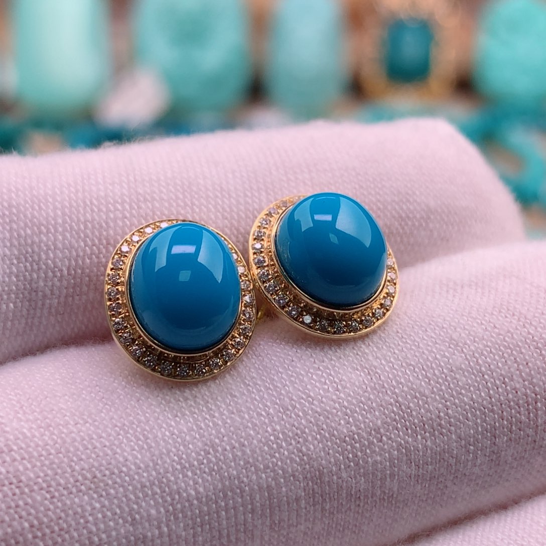 绿松石珠宝奇石18K金镶嵌耳钉