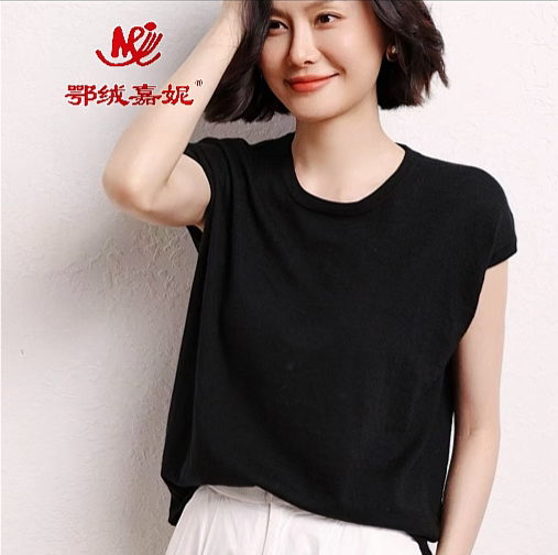 纯色精纺羊绒短款T恤时尚打底衫背心宽松少女风圆领显瘦短袖针织