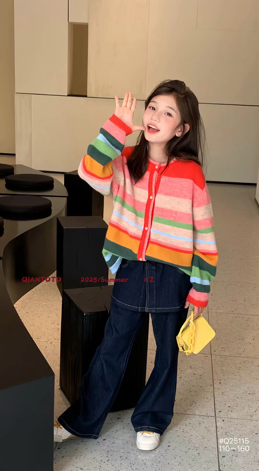 薄款条纹INS风V领开衫款毛针织衫波西米亚风梦幻风毛衣开衫女童