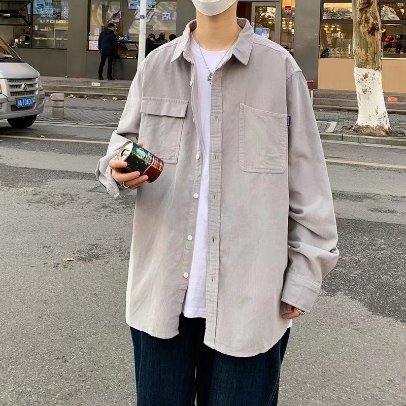 C077秋季灯芯绒长袖衬衫男宽松工装上衣百搭衬衣外套2025年