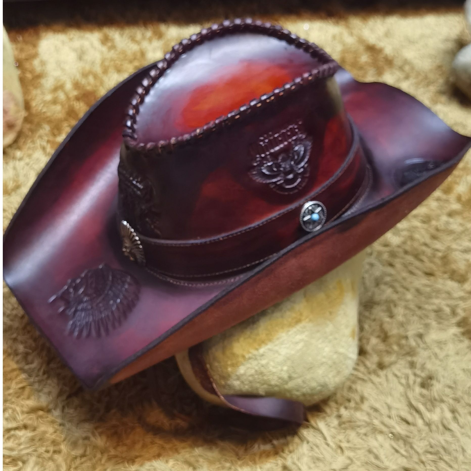 复古纯手工缝线男做旧牛仔帽帽子骑士帽个性印第安人雕刻纹