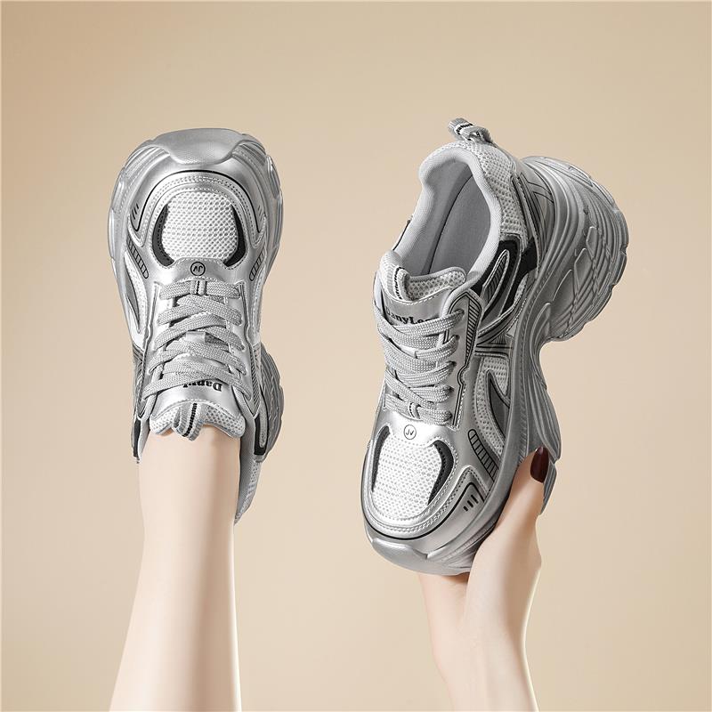 9cm厚底内增高老爹鞋女2024秋季新款网面真皮透气增高显瘦休闲鞋