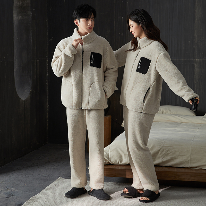 情侣睡衣女秋冬珊瑚绒加绒加厚拉链可外穿中青年冬天保暖男家居服