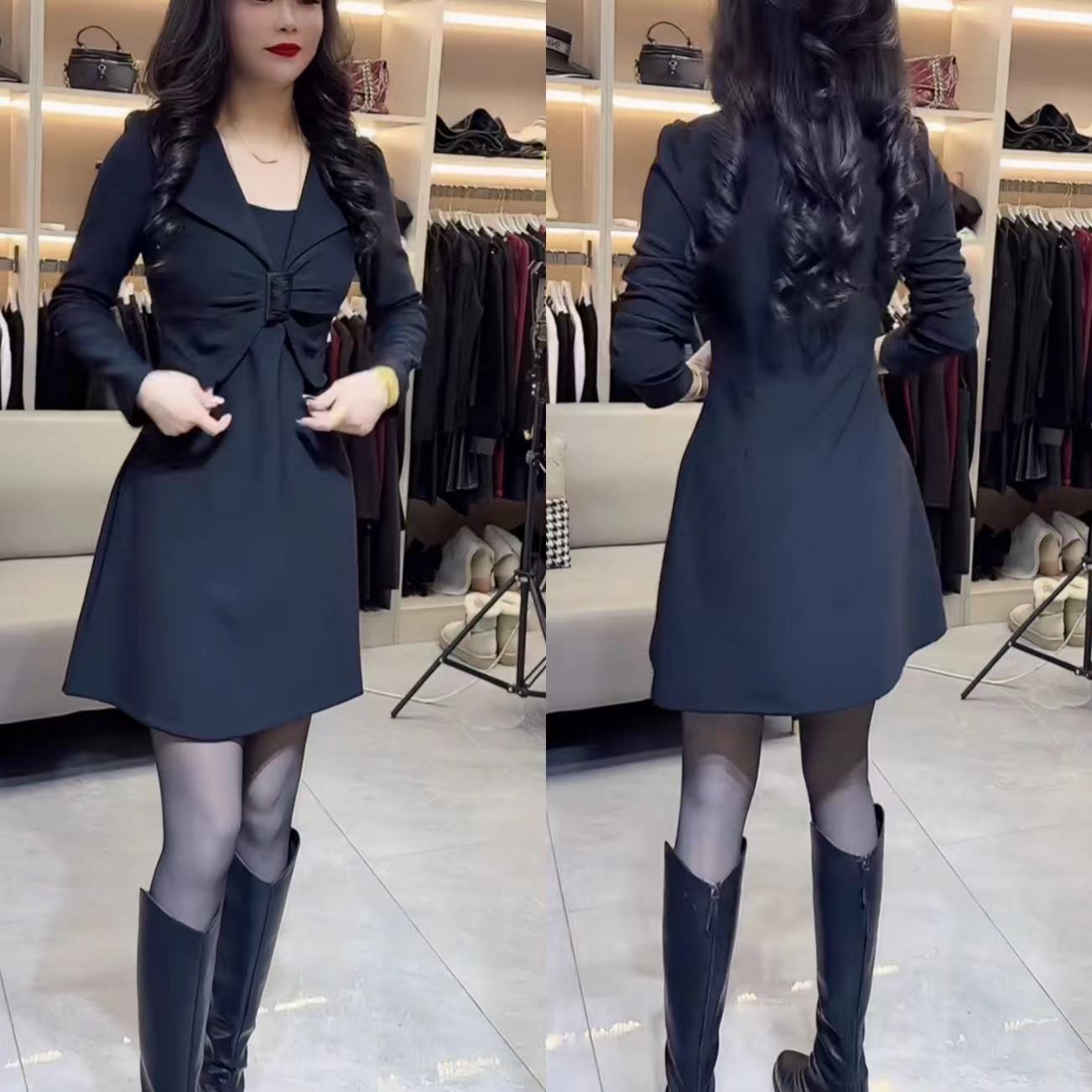 方领高腰A字裙中长款网红气质轻奢收腰连衣裙