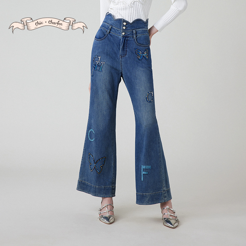 【媛媛专享】朝峰春秋复古高腰阔腿绣花牛仔裤CFE1B226-2057P