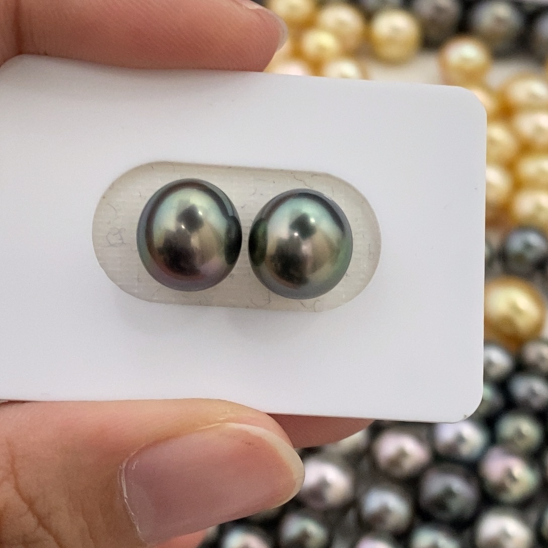 裸珠海水珍珠大溪地圆珠炫彩极微瑕9.9m对珠