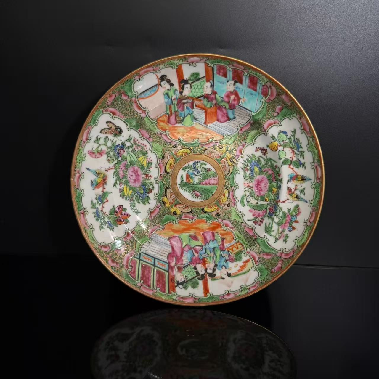 Lot3-光绪广彩人物花鸟纹盘 长21.5cm-YC10290008501078