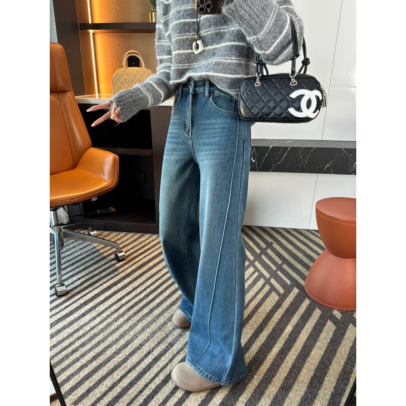 双经轴蓝色加绒阔腿牛仔裤女秋冬新款梨形身材高腰显瘦百搭微喇裤