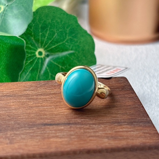 3680天然绿松石18K水波纹戒指，主石12.7×9.7mm