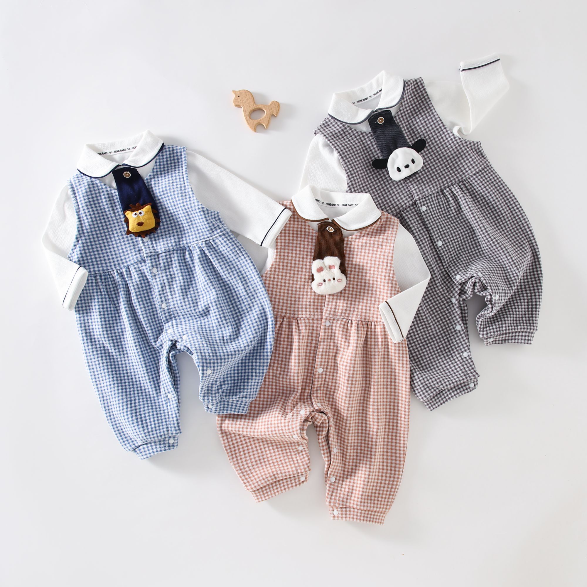 宝宝连体两件套哈衣洋气爬服男女春秋纯色打底衫连体衣套装婴幼儿