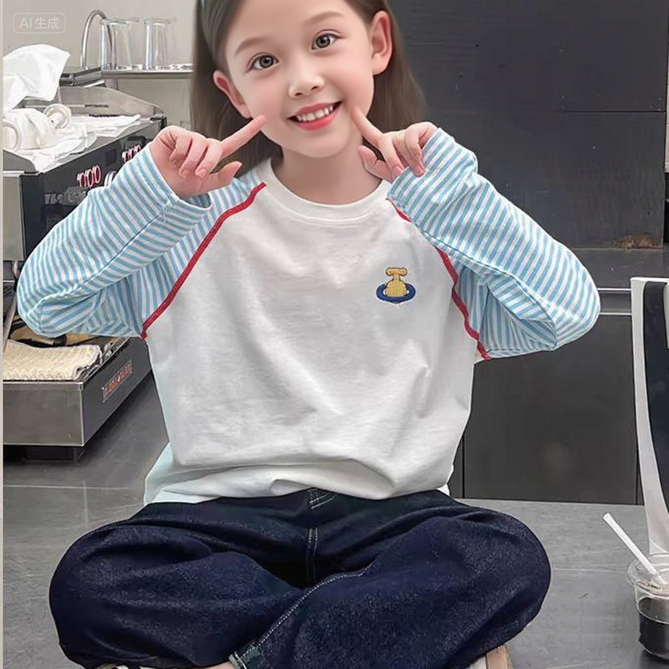 2025春装新款儿童条纹插肩袖撞色上衣女童洋气长袖t恤大童打底衫
