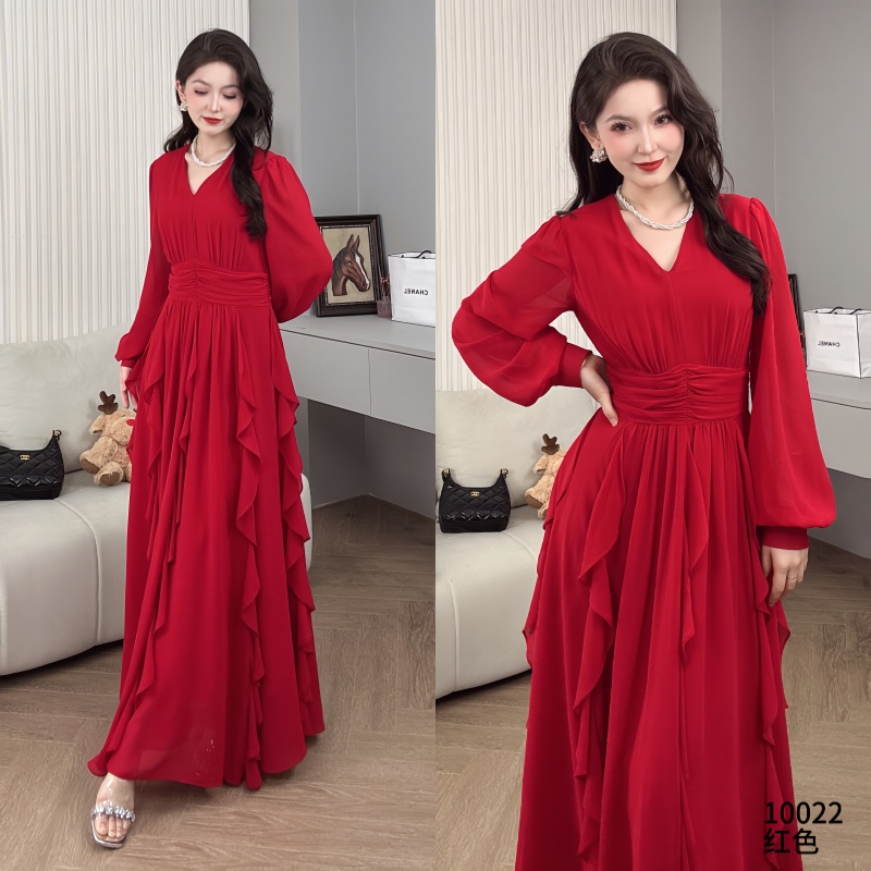 Saeda女装欧若风夏季新款名媛连衣裙红色度假风荷叶边YF10022