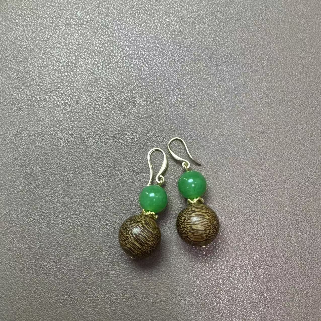 非金属珐琅耳饰 木质绿色圆珠耳坠