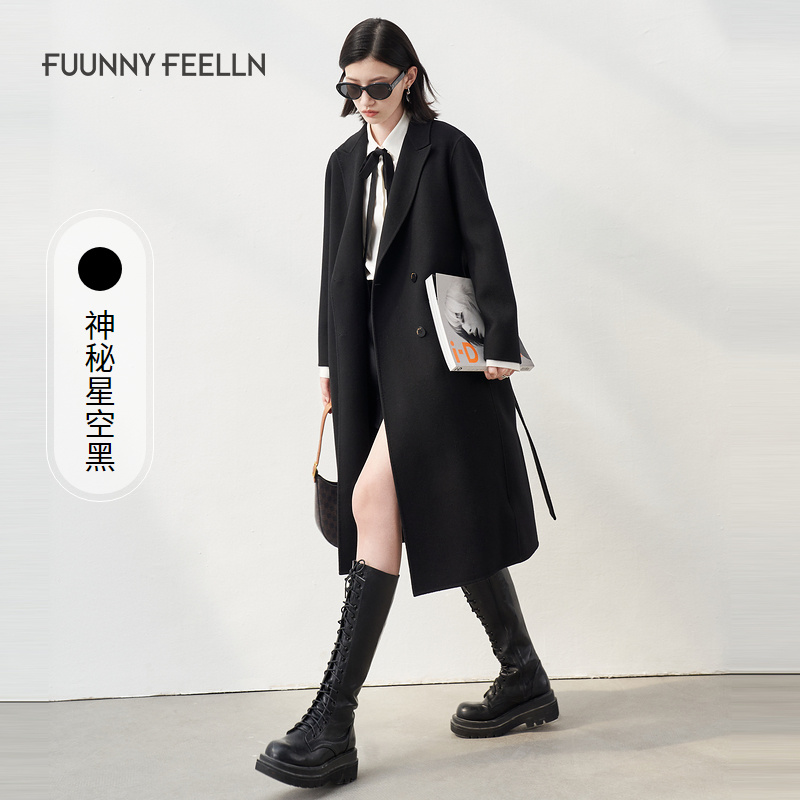 商场同款FF||仿佛秋季黑色毛呢外套女中长款羊毛大衣女FL00241