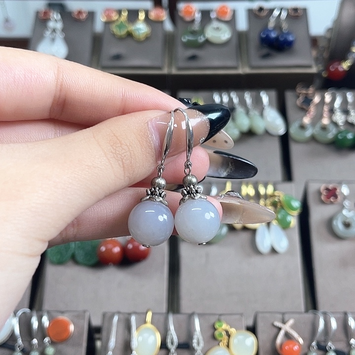 和田玉银S925镶嵌耳饰12左右烟紫