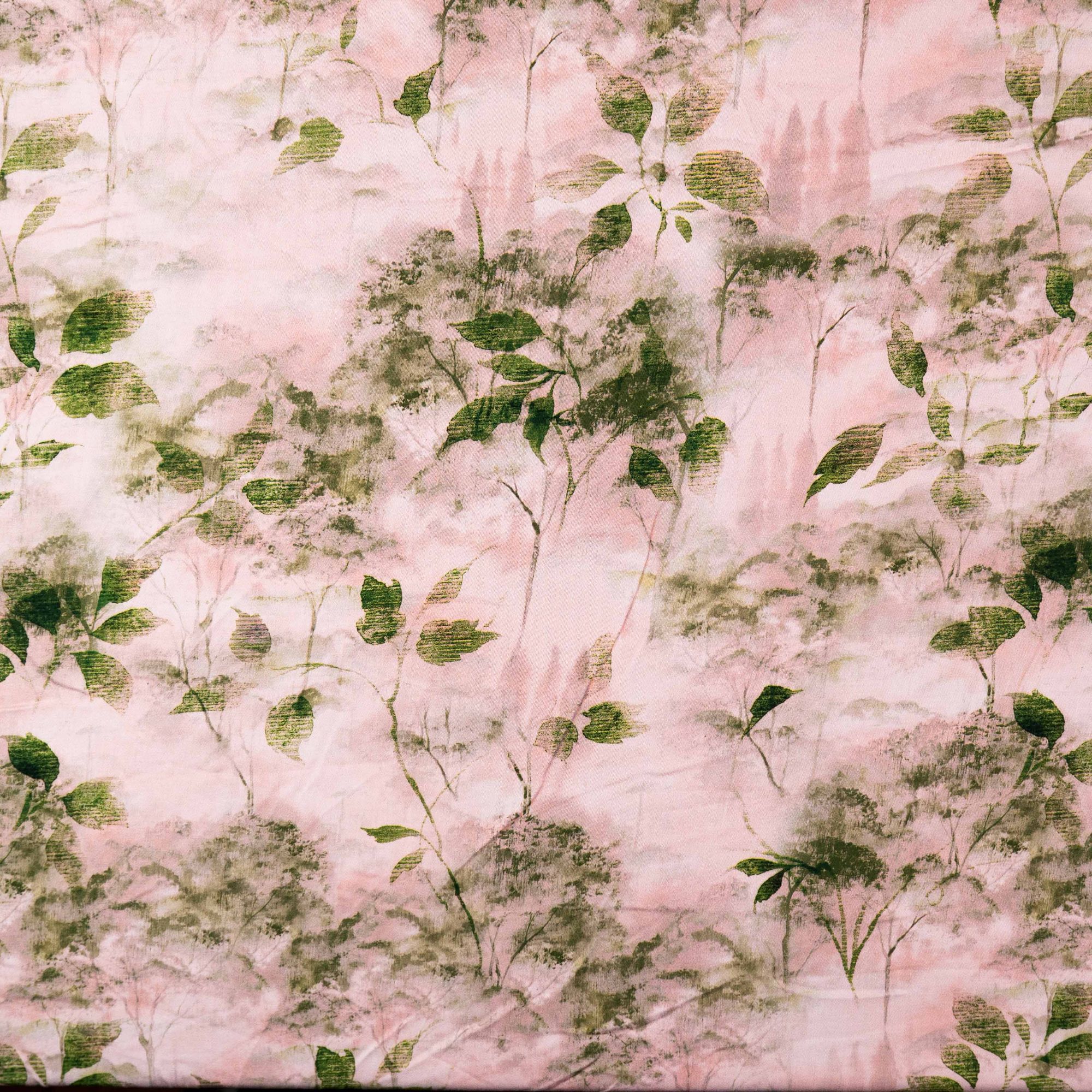 高支丝光棉贡缎 浅粉翠叶数码印花面料新工艺连衣裙旗袍柔软透气